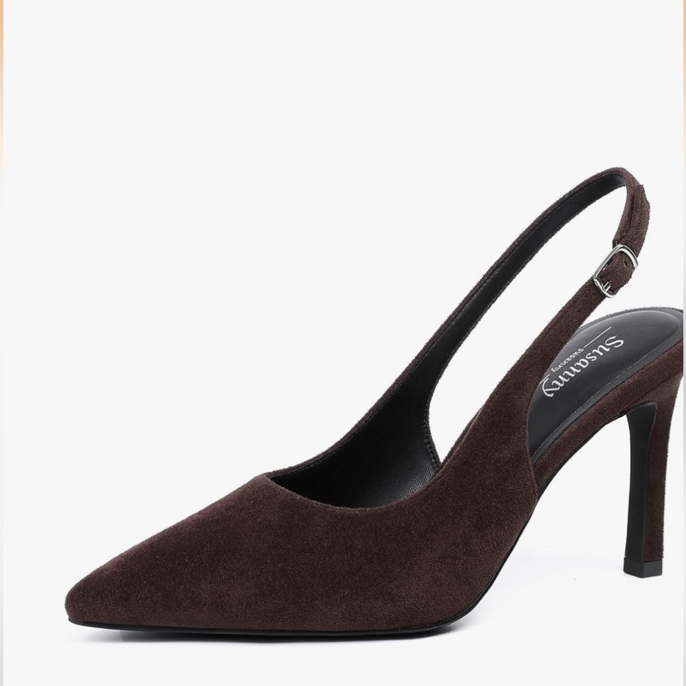 Susanny Slingback Dk Brown Heels Pointed Toe Suede Heels Sexy Stiletto 8.5